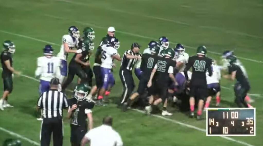 Players from Sonoma Valley High and Petaluma High engaged in a fight during the fourth quarter of their game last Friday, and officials halted the rest of the game. (SVTV/YouTube)