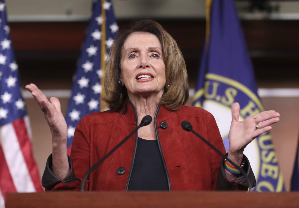 House Minority Leader Nancy Pelois of Calif., gestures as she speaks during a news conference, Thursday, Jan. 11, 2018, on Capitol Hill in Washington. Pelosi says an immigration working group is just 'five white guys.' Pelosi's talking about a group of lawmakers that's blessed by President Donald Trump. They're trying to find a deal to protect young immigrants brought to the U.S. illegally as children. (AP Photo/Pablo Martinez Monsivais)