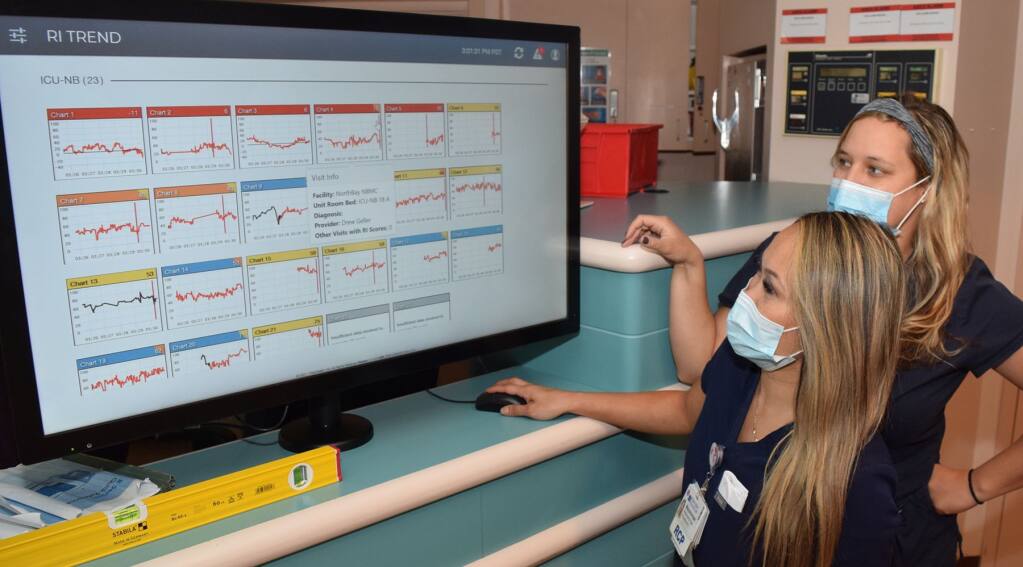 Respiratory care practitioners Mayannrose Legaspina and Myriah Jordan check out the Rothman Index display in the ICU at NorthBay Medical Center in Fairfield. (courtesy of NorthBay Healthcare)