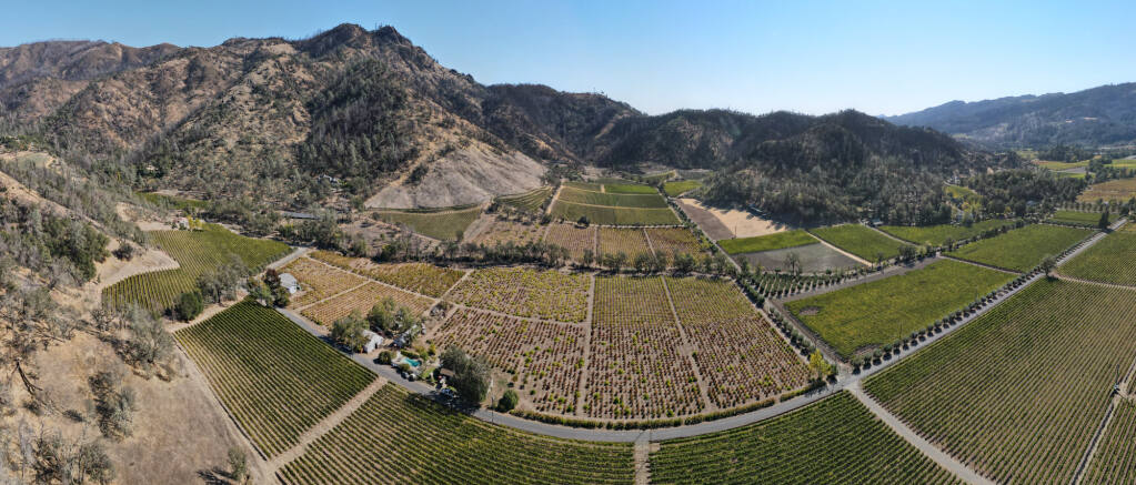 The 27-acre Alfred Frediani Ranch vineyard property, seen in this Oct. 26, 2022, drone image looking southeast across Pickett Road in Calistoga, was sold Feb. 1, 2023, to Eisele Vineyard, whose estate is seen at right. Eisele since 2013 has been owned by France-based Artemis Group. (Bertram Whitman photo)