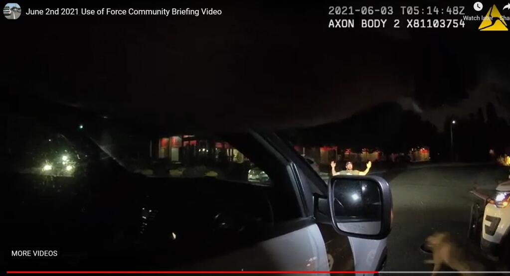 A screenshot from body camera footage captured by a Sonoma County Sheriff’s deputy on June 2 shows the moments just before deputies set a K-9 on Adam Gabriel of McKinleyville. On Monday, July 12, 2021, after the body camera footage was released, officials said Gabriel, who was stopped during a carjacking investigation, was not involved in the crime. The Sheriff’s Office said dog was deployed because Gabriel was uncooperative. (Sonoma County Sheriff’s Office, 2021)