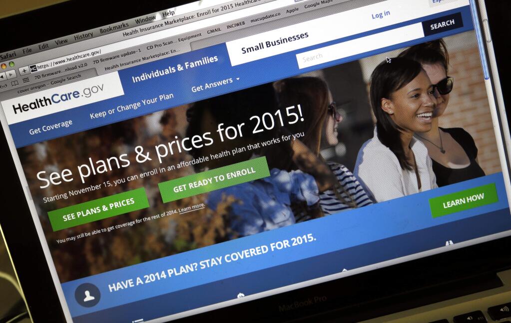 This Nov. 12, 2014 file photo shows the HealthCare.gov website, where people can buy health insurance, on a laptop screen, shown in Portland, Ore. Consumers in most places will see their health insurance premiums go up next year for popular plans under President Barack Obama's health care law. (AP Photo/Don Ryan)
