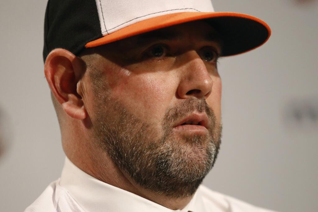 New Baltimore Orioles manager Brandon Hyde speaks at an introductory news conference, Monday, Dec. 17, 2018, in Baltimore. Hyde is the 20th manager in the team's history. (AP Photo/Patrick Semansky)