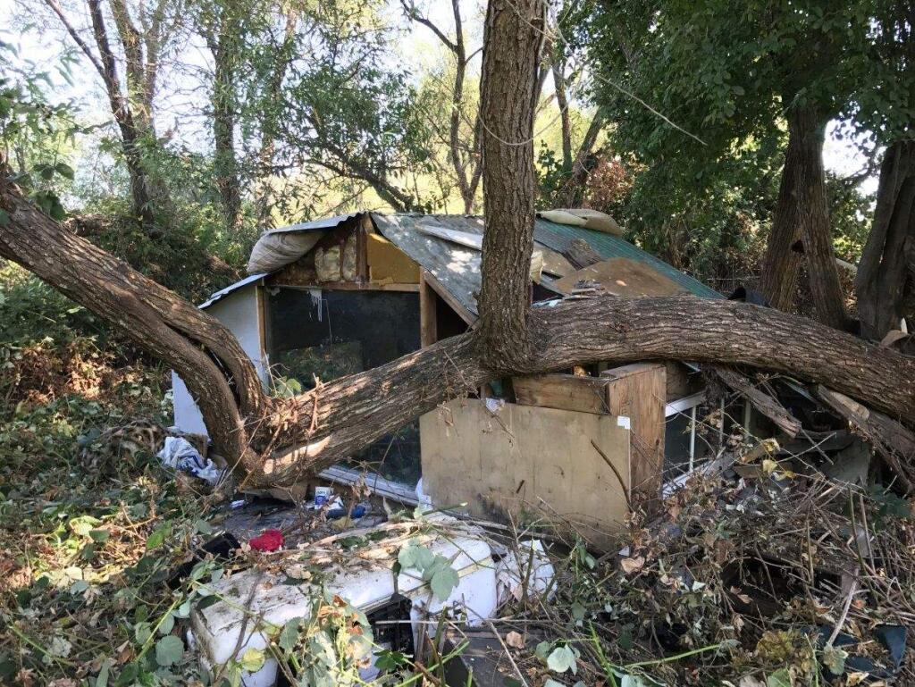 Petaluma police removed this structure during a cleanup of a homeless camp along the Petaluma River on Aug. 31, 2017. PETALUMA POLICE PHOTO