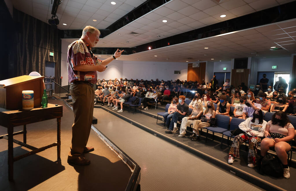 Google researcher and author Dan Russell addresses students at Sonoma Valley High School during the Sonoma Valley Authors Festival Students Day in Sonoma on Friday, Aug. 27, 2021. (Christopher Chung/ The Press Democrat)