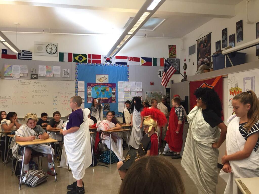 EMILY DUNNAGAN PHOTOKenilworth Junior High School students act out thier history lesson on the fall of the Roman Empire.
