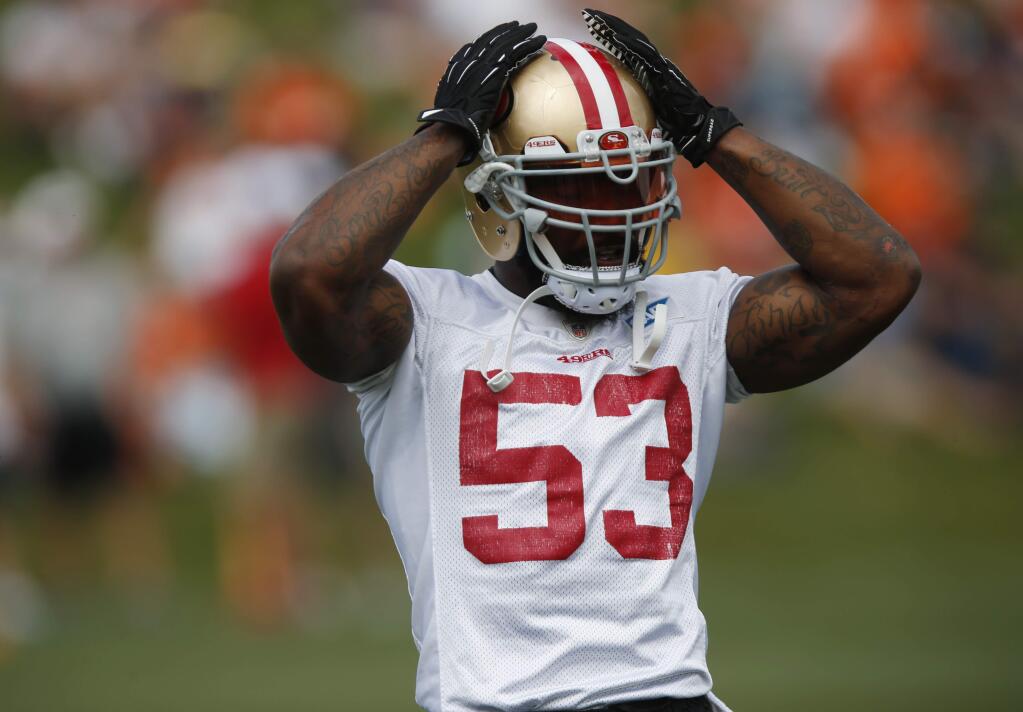 49ers linebacker NaVorro Bowman was stellar a week ago in his preseason debut, but he was on the field for only three plays and his endurance is oneof the chief questions the team must answer. (David Zalubowski / Associated Press)