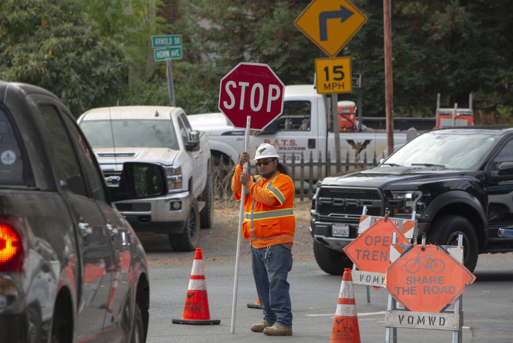 Work continues in Glen Ellen on upsizing underground water pipes to increase water flow. The work is expected to take two more weeks. Traffic during this time will be limited to one lane. Photo taken on Monday, Sept. 25, 2023. (Robbi Pengelly/Index-Tribune)