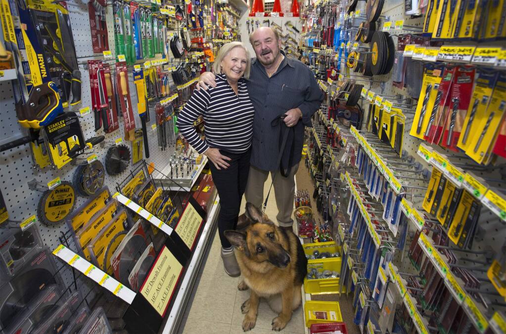 Alan and Helen Medina, along with their dog Grace, celebrate 50 years in the hardware trade. Parsons Lumber and Hardware is located on Highway 12 in Boyes Hot Springs.(Photo by Robbi Pengelly/Index-Tribune)
