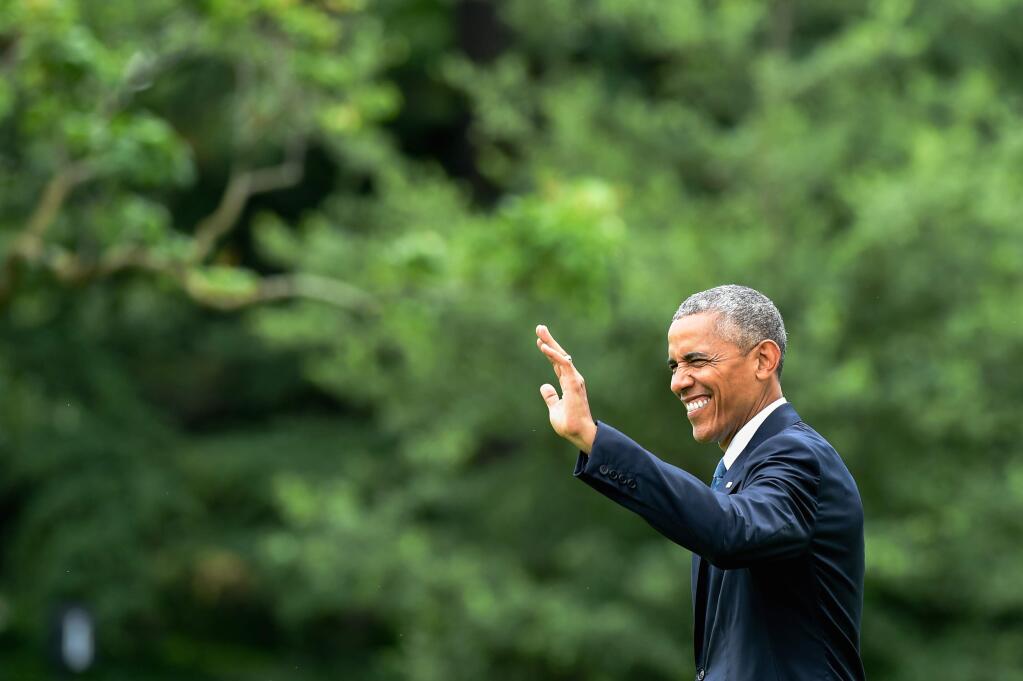 President Barack Obama waves as he walks out of the Oval Office and heads to Marine One on the South Lawn of the White House in Washington, Thursday, June 23, 2016, for a short trip to Andrews Air Force Base, Md., before traveling to the West Coast. (AP Photo/Susan Walsh)