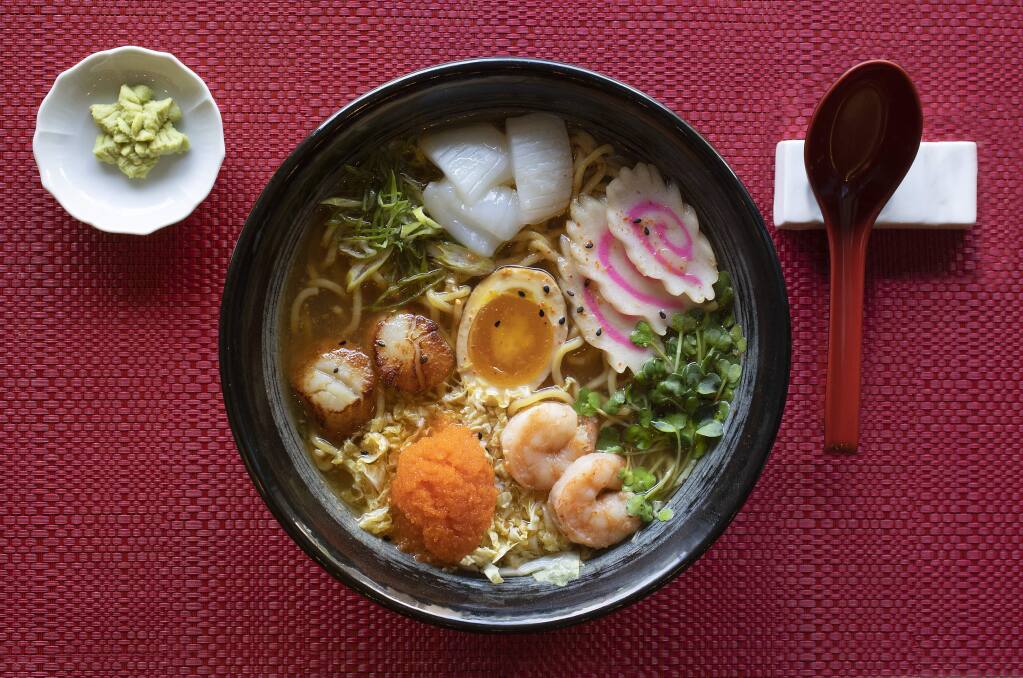 Seafood Ramen with a medley of scallops, shrimp and squid in a shiso ponzu broth from Taste of Tea in Healdsburg. (photo by John Burgess/The Press Democrat)