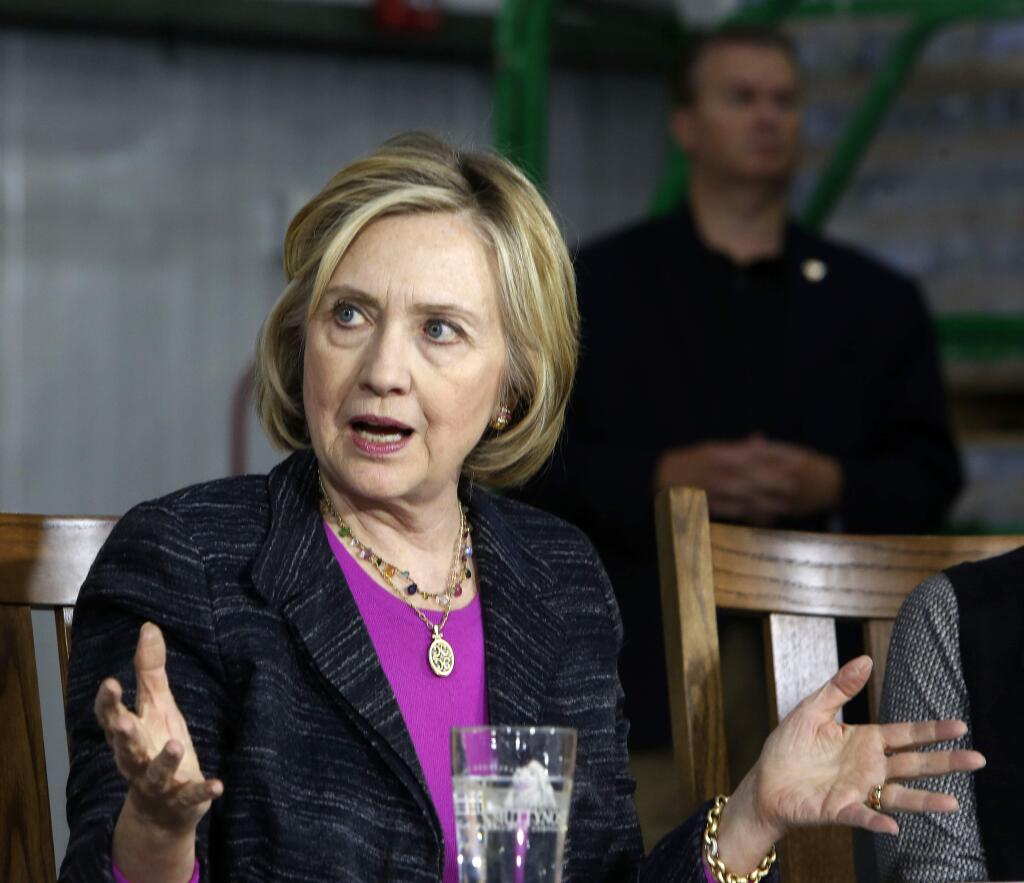 Democratic presidential candidate Hillary Rodham Clinton speaks during a round table discussion at Smuttynose Brewery, Friday, May 22, 2015, in Hampton, N.H. (AP Photo/Jim Cole)