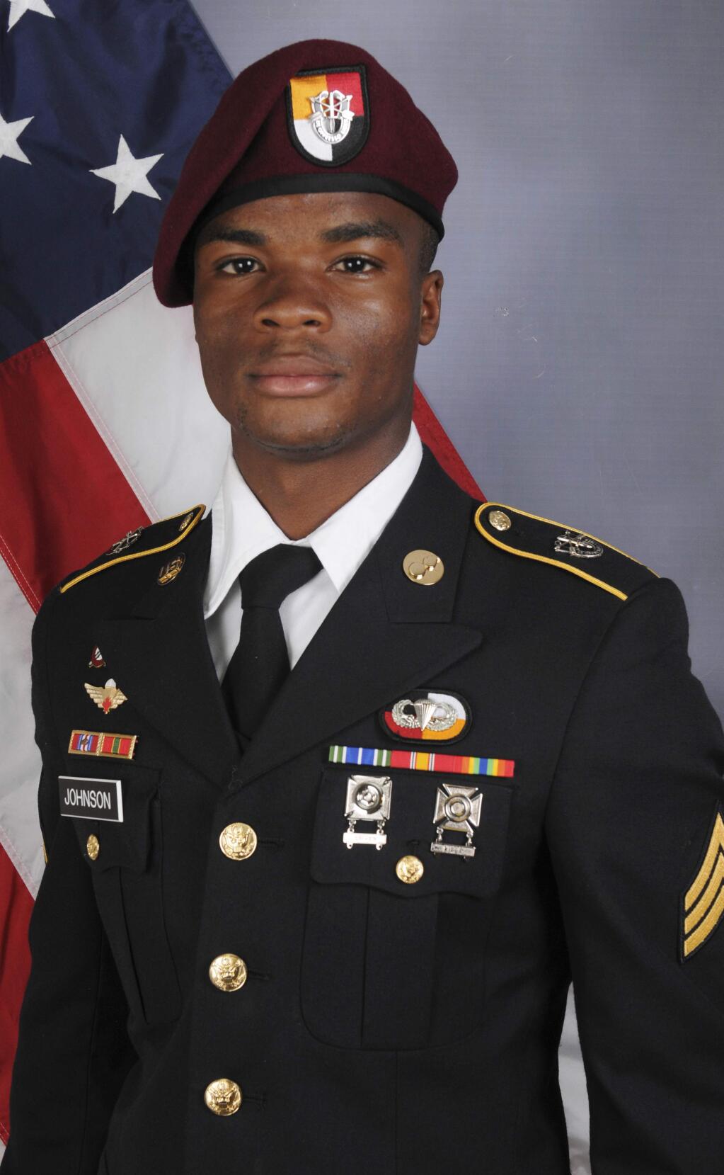 This photo provided by the U.S. Army Special Operations Command shows Sgt. La David Johnson, who was killed in an ambush in Niger. President Donald Trump told Johnson's widow, Myeshia Johnson, that her husband 'knew what he signed up for,' according to Rep. Frederica Wilson, who said she heard part of the conversation on speakerphone. In a Wednesday morning tweet, Trump said Wilson's description of the call was 'fabricated.' (U.S. Army Special Operations Command via AP)