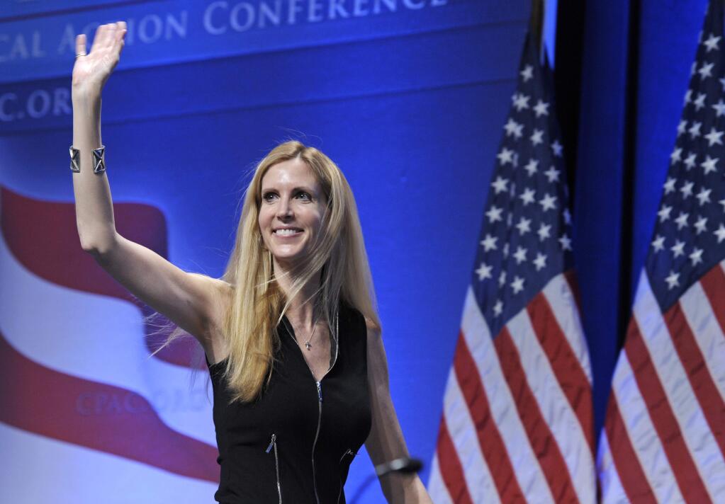 FILE - In this Feb. 12, 2011 file photo, Ann Coulter waves to the audience after speaking at the Conservative Political Action Conference (CPAC) in Washington. Coulter's planned appearance at the University of California, Berkeley on April 27 has been canceled because of security concerns. UC Berkeley officials say they were unable to find 'a safe and suitable' venue for the right-wing provocateur, whom campus Republicans had invited to speak. (AP Photo/Cliff Owen, File)