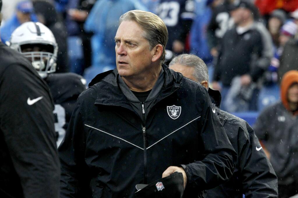 In this Oct. 29, 2017, file photo, Oakland Raiders coach Jack Del Rio leaves the field after his team warmed up for a game against the Buffalo Bills in Orchard Park, N.Y. (AP Photo/Jeffrey T. Barnes)