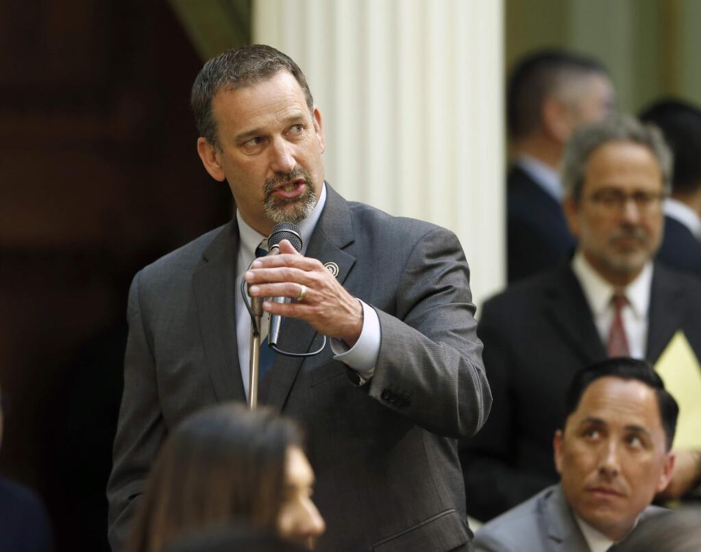 In this May 28, 2019 file photo, Assemblyman Brian Dahle, R-Bieber, urges lawmakers to approve a measure to allow candidates running for office in California to use campaign donations to pay for childcare costs, in Sacramento, Calif. Dahle and Long Beach City Councilwoman Lena Gonzalez and are headed for the California State Senate after special elections Tuesday, June 4, 2019 for empty legislative seats. Initial results show Dahle led in his sprawling rural northern district with 53%. Dahle's face-off against fellow GOP Assemblyman Kevin Kiley in Senate District 1 turned into a nasty battle between two Republicans as the party seeks a way forward in this staunchly Democratic state. (AP Photo/Rich Pedroncelli, File)