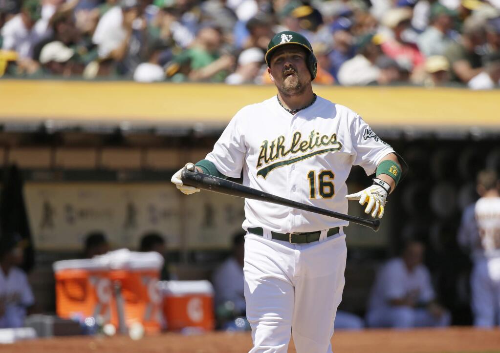 Oakland Athletics designated hitter Billy Butler during their baseball game against the Los Angeles Dodgers Wednesday, Aug. 19, 2015, in Oakland, Calif. (AP Photo/Eric Risberg)