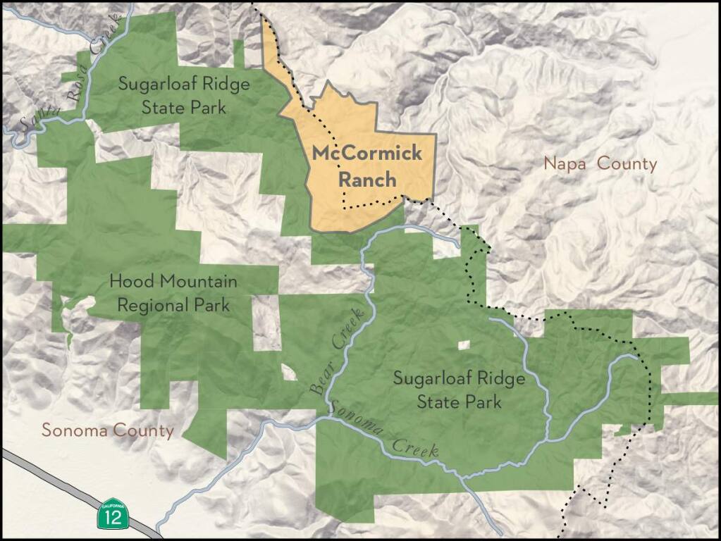 Map of the McCormick Ranch property, whose sale is being negotiated to add to parks in both Sonoma and Napa counties (dotted lines represents county boundary). (Sonoma Land Trust)