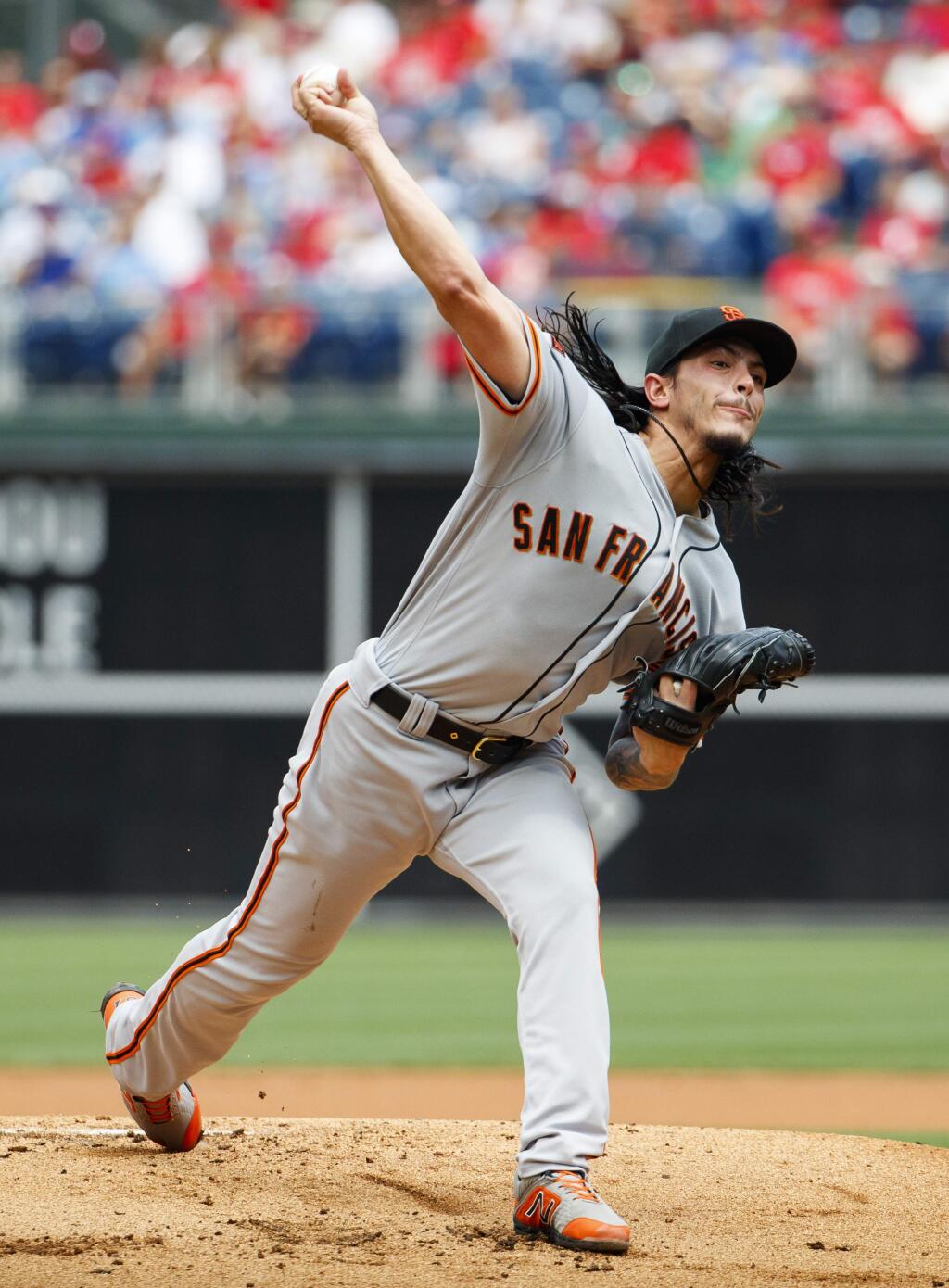 San Francisco Giants starting pitcher Dereck Rodriguez throws a pitch during the first inning of a baseball game against the Philadelphia Phillies, Thursday, Aug. 1, 2019, in Philadelphia. (AP Photo/Chris Szagola)