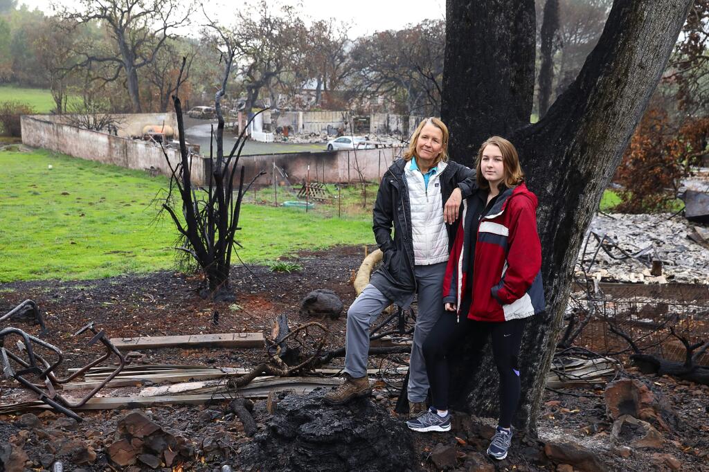 Jeanne Wirka, left, director of stewardship for Audubon Canyon Ranch, lost the residence that she lived in for 13 years, where her daughter Grace McCaull grew up, when structures at Bouverie Preserve were destroyed in the October 2017 wildfires.(Christopher Chung/ The Press Democrat)