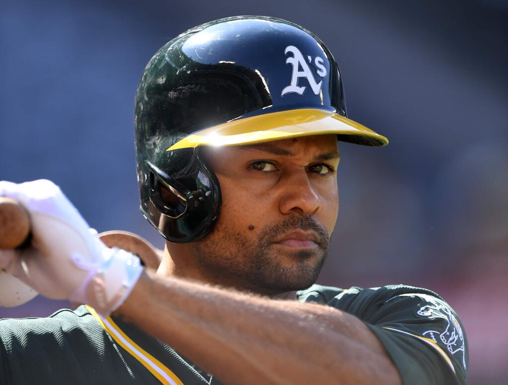 Oakland Athletics' Coco Crisp waits to bat during the first inning against the Los Angeles Angels, Thursday, Aug. 4, 2016, in Anaheim. (AP Photo/Mark J. Terrill)