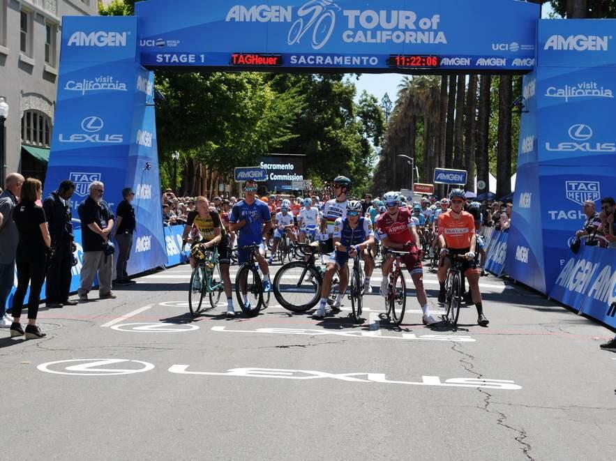 The expected jersey leaders line up at the start line of stage 1 at the Amgen Tour of California on May 14, 2017 in Sacramento, California. (DANA GARDNER/ SHUTTERSTOCK)