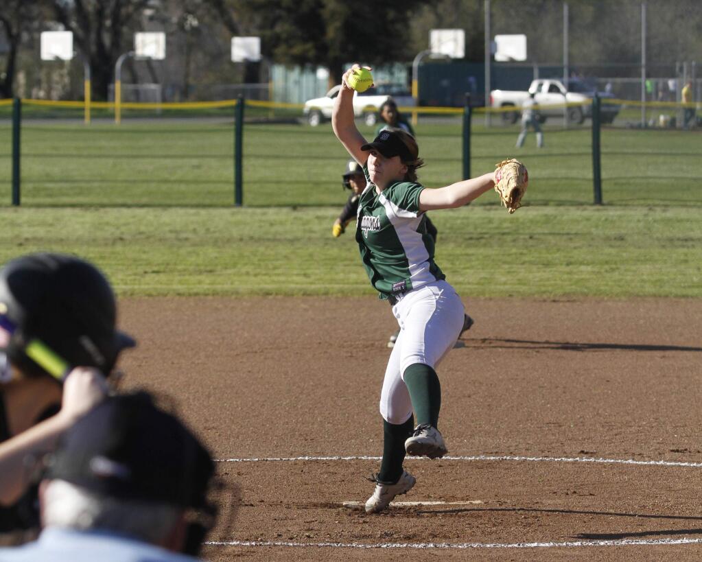Bill Hoban/Index-TribuneSonoma's Alissa Orr delivers a pitch in a recent game. Monday, the Lady Dragons beat Pinole Valley 7-4 with Orr as the winning pitcher, and she closed out Wednesday's big win against Marin Catholic, 13-1.