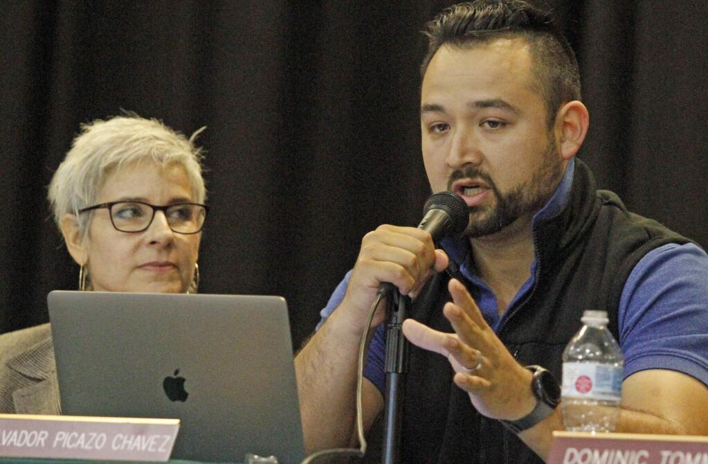 Bill Hoban/Index-TribuneSchool board members Nicole Ducarroz, left, and Sal Chavez have been named to an ad hoc committee to re-negotiate the contract for Socorro Shiels, the proposed new superintendent for the Sonoma Valley Unified School District.