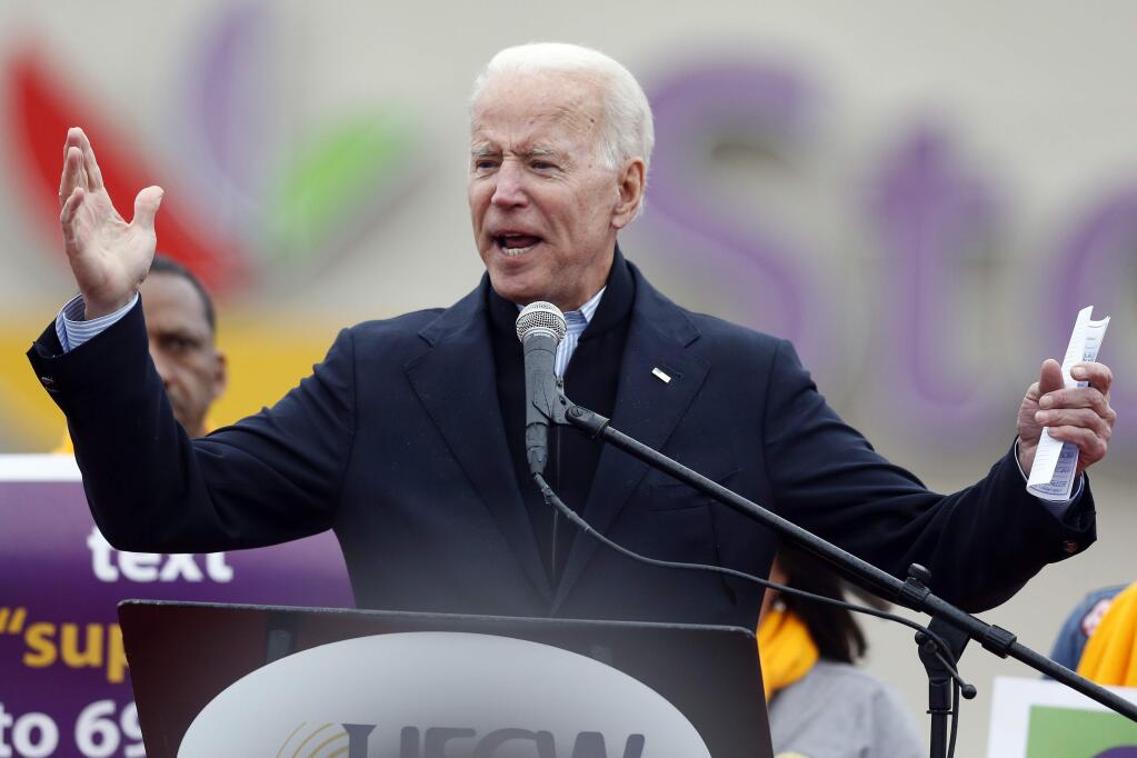 Former vice president Joe Biden speaks at a rally in support of striking Stop & Shop workers in Boston, Thursday, April 18, 2019. (AP Photo/Michael Dwyer)