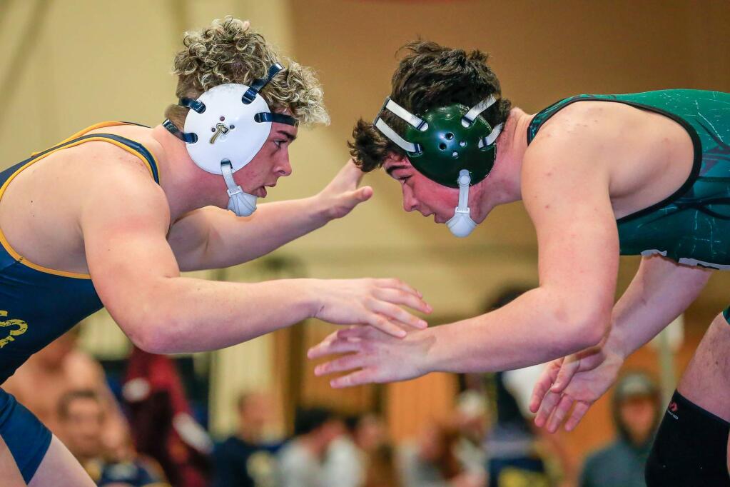 Chase LaRue (NHS) vs. Hank Schoenigh (SVHS) open their VVAL championship round. Schoeningh won by pin at 1:28. in the 184 lbs weight class, in the VVAL League Wrestling Championship at Napa High School, on Feb. 9, 2019: (Photo: Don Lex/LuckyDucksImages.com)