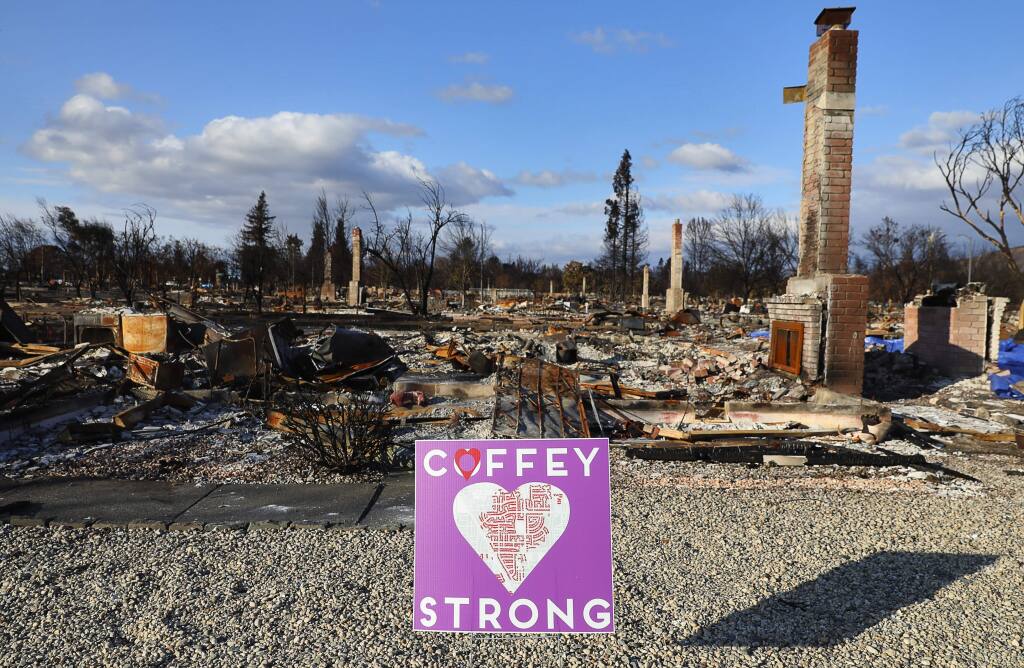 A Coffey Strong sign is posted in front of a burned home along Tuliptree Road, in the Coffey Park area in Santa Rosa on Thursday, November 2, 2017. (Christopher Chung/The Press Democrat)