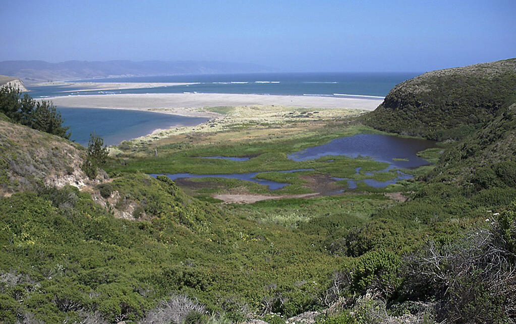 The officially recognized site of Sir Francis Drake’s 1579 landing in the Point Reyes National Seashore lies in an area of beach grasses sprouting from sand between a freshwater pond at right and the waters of Drake’s Cove. (Drake Navigators Guild photo)