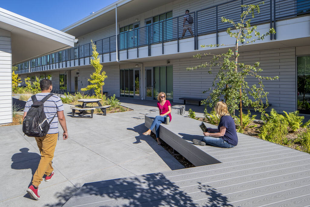 Jeff Kunde Hall on Santa Rosa Junior College’s main campus provides temporary housing for classrooms and labs as well as a permanent home for the math department’s faculty.  (Rendering courtesy of TLCD Architecture)