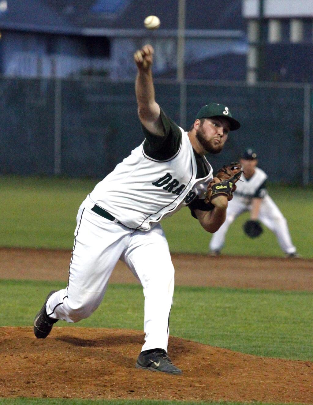 Bill Hoban/Index-TribuneSonoma's Maclean Meyn fired a 10-run rule, five-inning perfect game as the Dragons shut out visiting Elsie Allen in Friday night's SCL opener at Arnold Field.