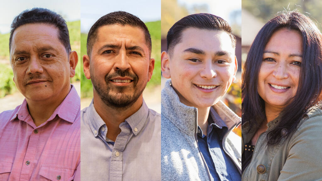 Pedroncelli Winery recent promotions include, from left, Hipólito Cano to assistant winemaker, Humberto Cortes to cellar master and barrel master, Marcus Cano to digital marketing associate and Elizabeth Boardman to tasting room lead. (Marcus Cano photos)