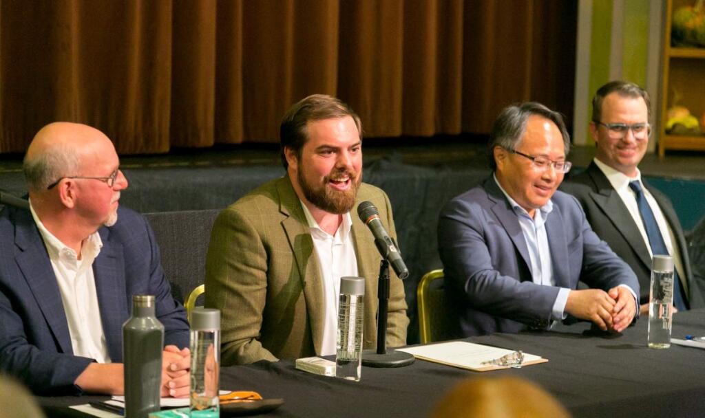 When asked to name his weakness, candidate Logan Harvey cheerfully replied 'I work too hard and I love too deeply,' amusing fellow candidates, from left, Chris Petlock, Jack Ding and Jack Wagner at the Sonoma City Council Candidates Forum in the Community Center Tuesday, Oct. 9, 2018. (Photo by Julie Vader/special to the Index-Tribune)