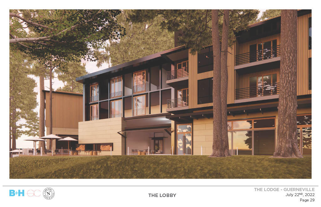 Conceptual design renderings for The Lodge on Russian River, as proposed by landowner Kirk Lok and design consultants B + H Advance Strategy. If approved, the riverfront resort would be built on site of the historic Guernewood Park Resort just west of Guerneville, with 108 guest rooms and suites, a restaurant and bar, meeting rooms, a pool and spa, and public pathway to the beach long used by locals. (Courtesy of B + H Advance Strategy)