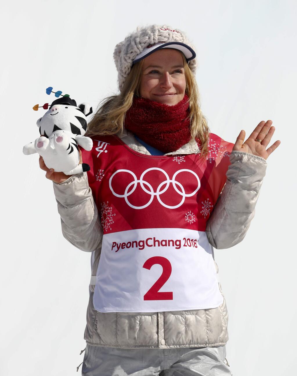 Jamie Anderson, of the United States, celebrates after winning the silver medal in the women's Big Air snowboard final at the 2018 Winter Olympics in Pyeongchang, South Korea, Thursday, Feb. 22, 2018. (AP Photo/Matthias Schrader)