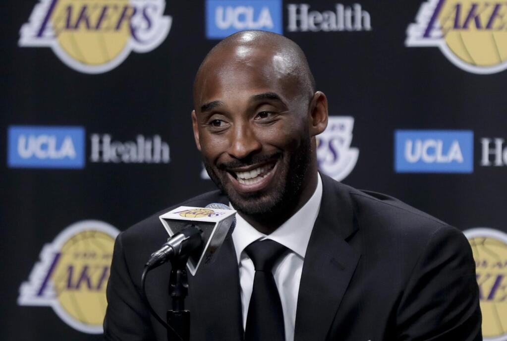 In this Dec. 18, 2017 file photo, former Los Angeles Laker Kobe Bryant talks during a news conference in Los Angeles. (AP Photo/Chris Carlson, File)