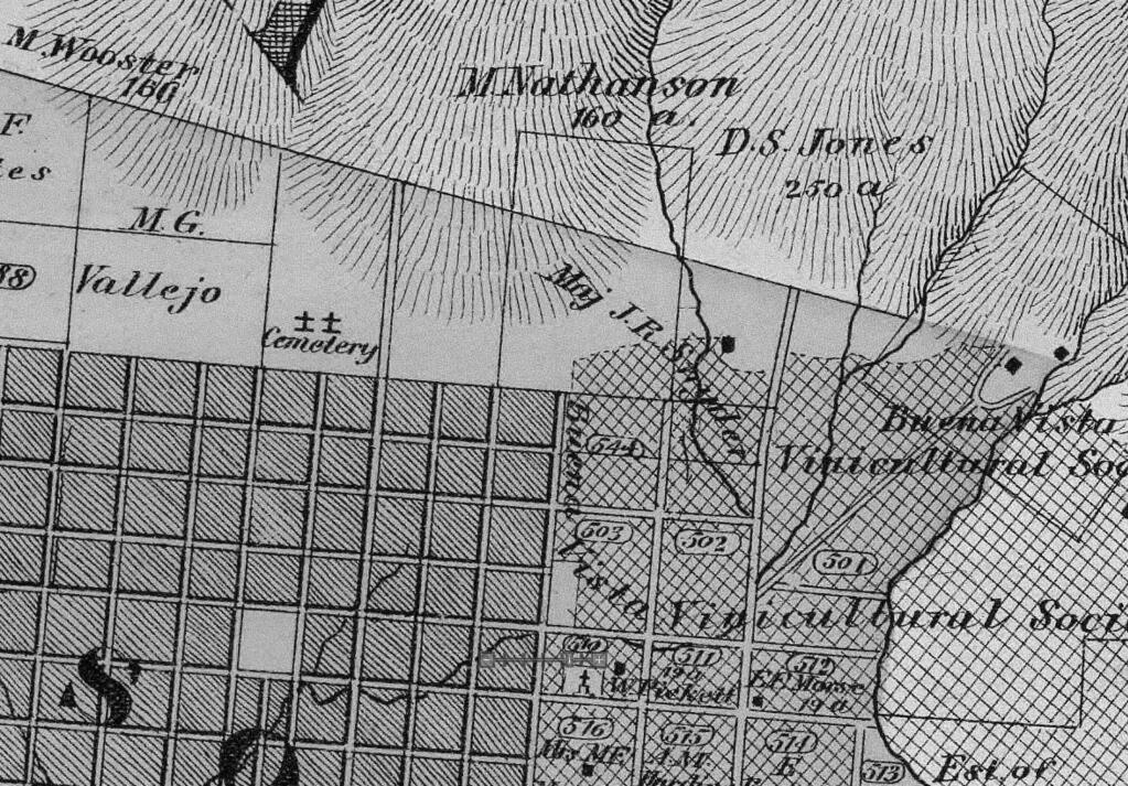 Detail from 1877 Sonoma County Atlas, showing Nathanson homestead at top. Courtesy of Sonoma County Historical Society.