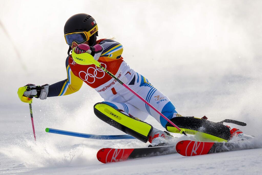 Frida Hansdotter, of Sweden, skis during the first run of the women's slalom at the 2018 Winter Olympics in Pyeongchang, South Korea, Friday, Feb. 16, 2018. (AP Photo/Jae C. Hong)