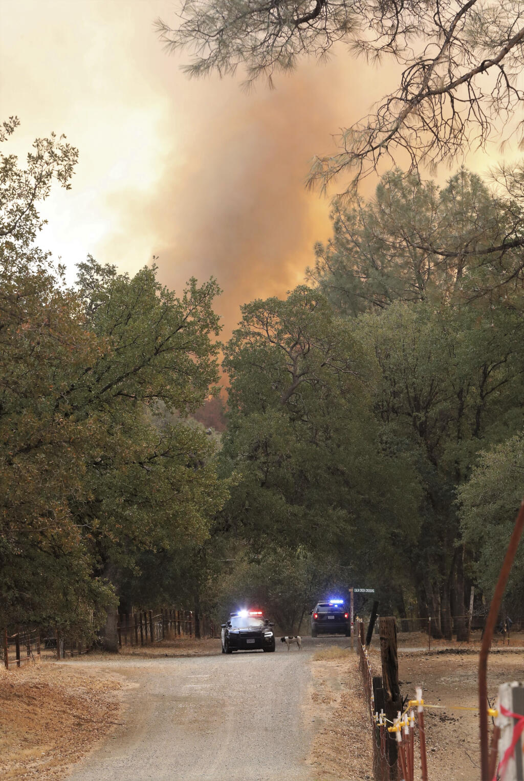 Shasta County sheriff's deputies check on an evacuated neighborhood along Casa Drive as the Fawn fire burns in the background near Redding, Calif., on Thursday, Sept. 23, 2021. (Mike Chapman/The Record Searchlight via AP)