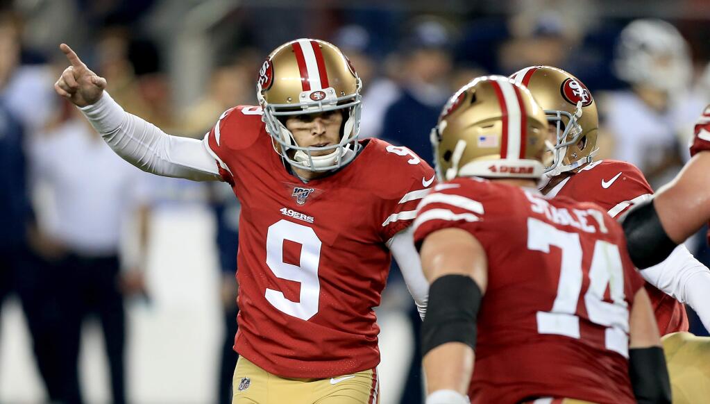Robbie Gould celebrates his winning field goal at the end of regulation during San Francisco's 34-31 win over Los Angeles, Saturday, Dec. 21, 2019 in Santa Clara. (Kent Porter / The Press Democrat) 2019