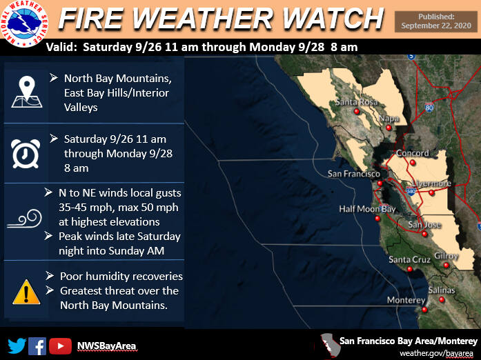 The National Weather Service issued a Fire Weather Watch on Tuesday, Sept. 22, 2020, for the upcoming weekend in the North Bay mountains and East Bay hills and interior valleys. (National Weather Service)