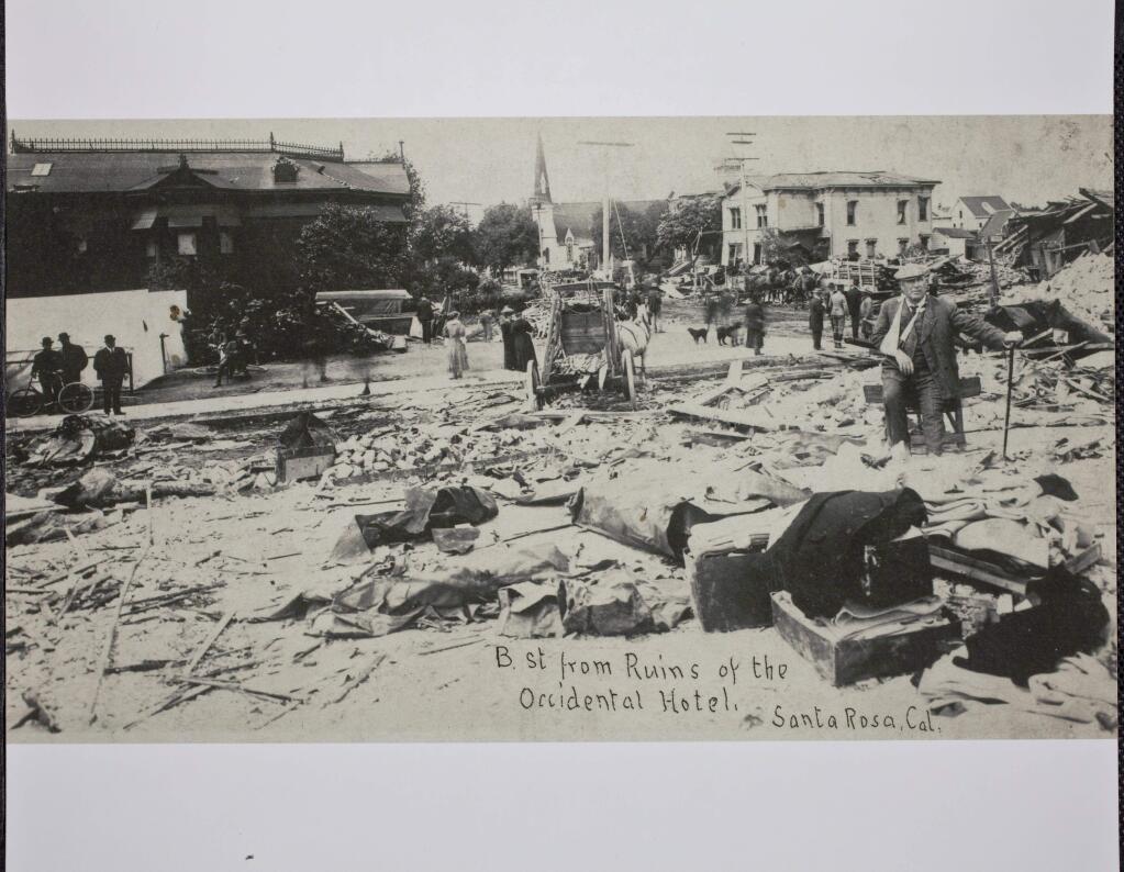 The 1906 earthquake rocked Santa Rosa, collapsing dozens of structures and killing over 100 people. This photo shows the ruins of the Occidental Hotel, at Firth and B. St. in Santa Rosa.
