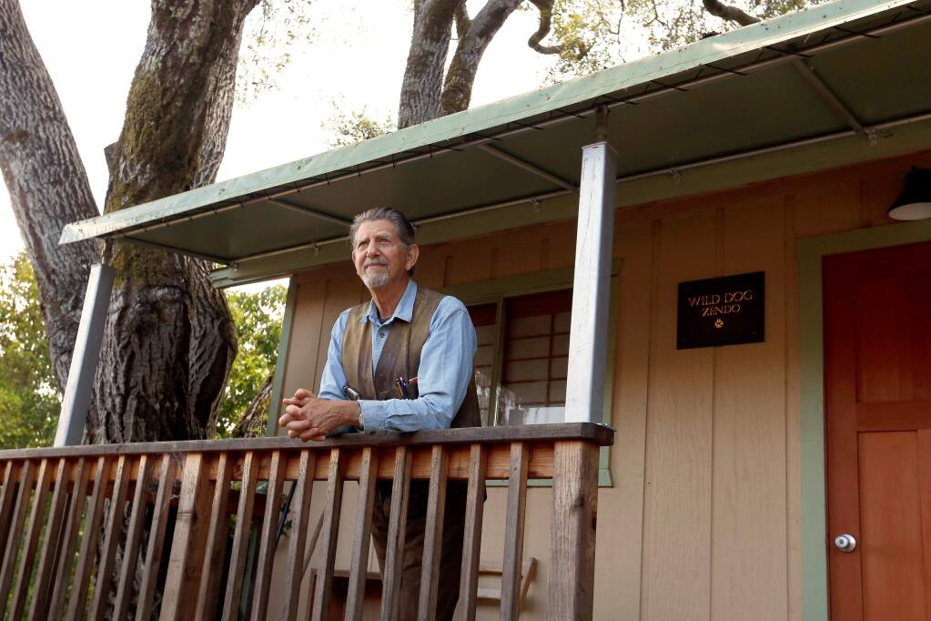 Actor Peter Coyote stands outside his Zen meditation room at his home in Sebastopol on Wednesday, May 30, 2018. (Alvin Jornada/The Press Democrat, 2018)