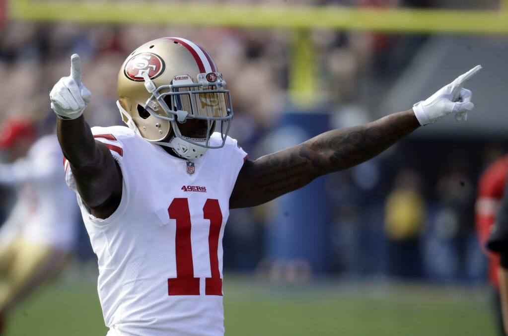 San Francisco 49ers wide receiver Marquise Goodwin (11) against the Los Angeles Rams during the first half Sunday, Dec. 31, 2017, in Los Angeles. (AP Photo/Rick Scuteri)