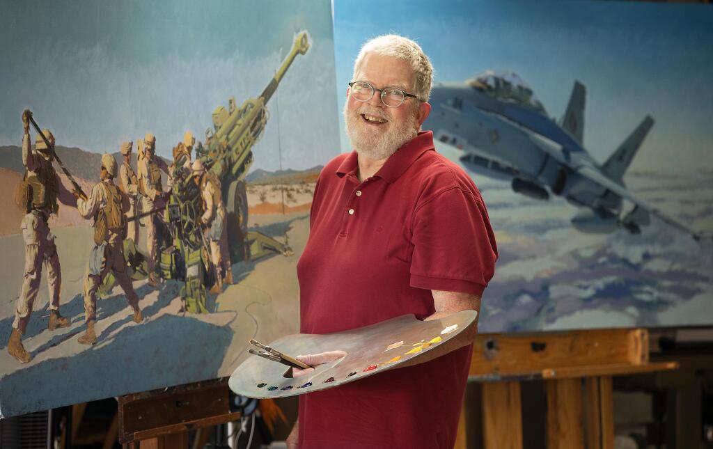 Rincon Valley artist John Deckert has 35 military paintings in the permanent collection of the National Museum of the Marine Corps in Quantico, Virginia. Two large pieces, an M777 155mm howitzer, left, and an F-18, were scheduled to be included in a show canceled by the pandemic.  (photo by John Burgess/The Press Democrat).