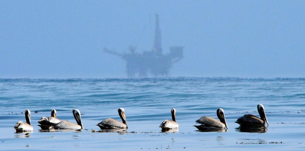 FILE - In this May 13, 2010 file photo, pelicans float on the water with an offshore oil platform in the background in the Santa Barbara Channel off the coast of Santa Barbara, Calif. Oil and gas companies drilling off the coast of Southern California violated state regulations nearly 400 times in the past three years, according to a report by an environmental group. (AP Photo/Mark J. Terrill, File)