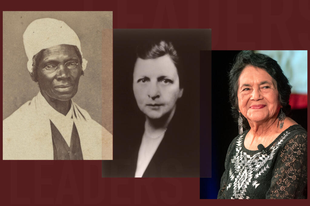 Courageous leaders: Sojourner Truth, 1864, Frances Perkins, U.S. Secretary of Labor. Photograph taken circa 1932 and Longtime civil rights leaders Dolores Huerta in 2019.